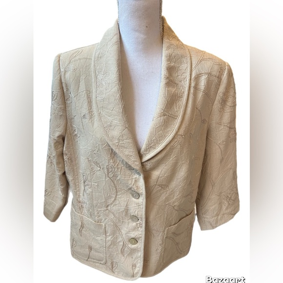 TanJay Beige Embroidered Lined Blazer 3/4 Sleeve Size  12 - Picture 1 of 4